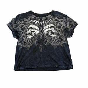 Affliction Collapse Crop T-Shirt Black Lava Wash Skull Graphic Y2K
